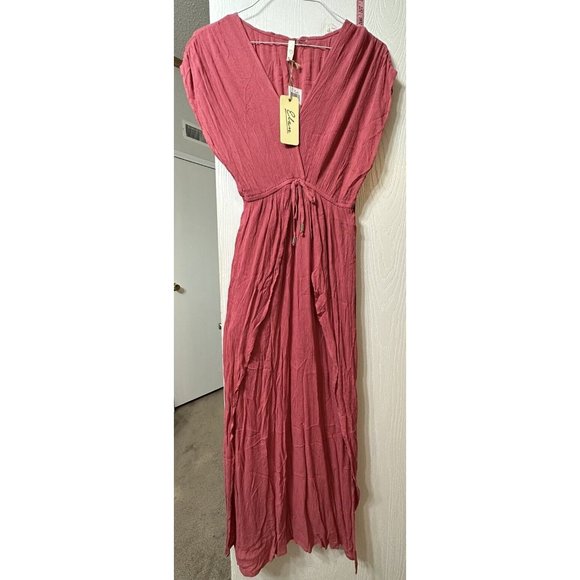 Elan NWT Wrap Sleeveless Maxi Cover Up Textured V-neck Dress‎ Solid Rose Pink S - Picture 1 of 6